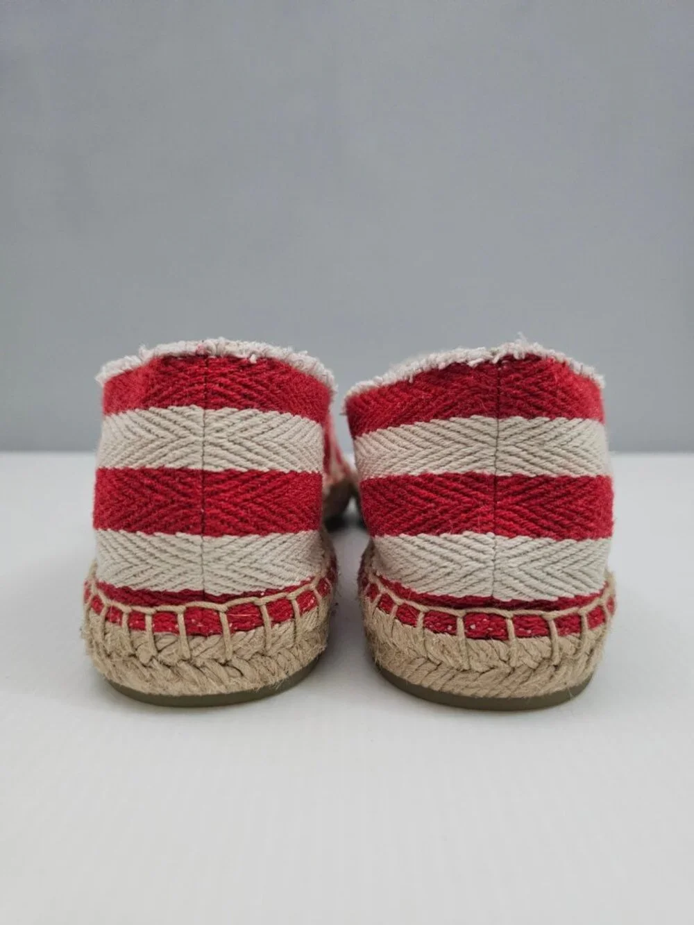 Tory Burch Fray Stripe Espadrille Flats Womens 7.5 Red White Logo Canvas Slip On